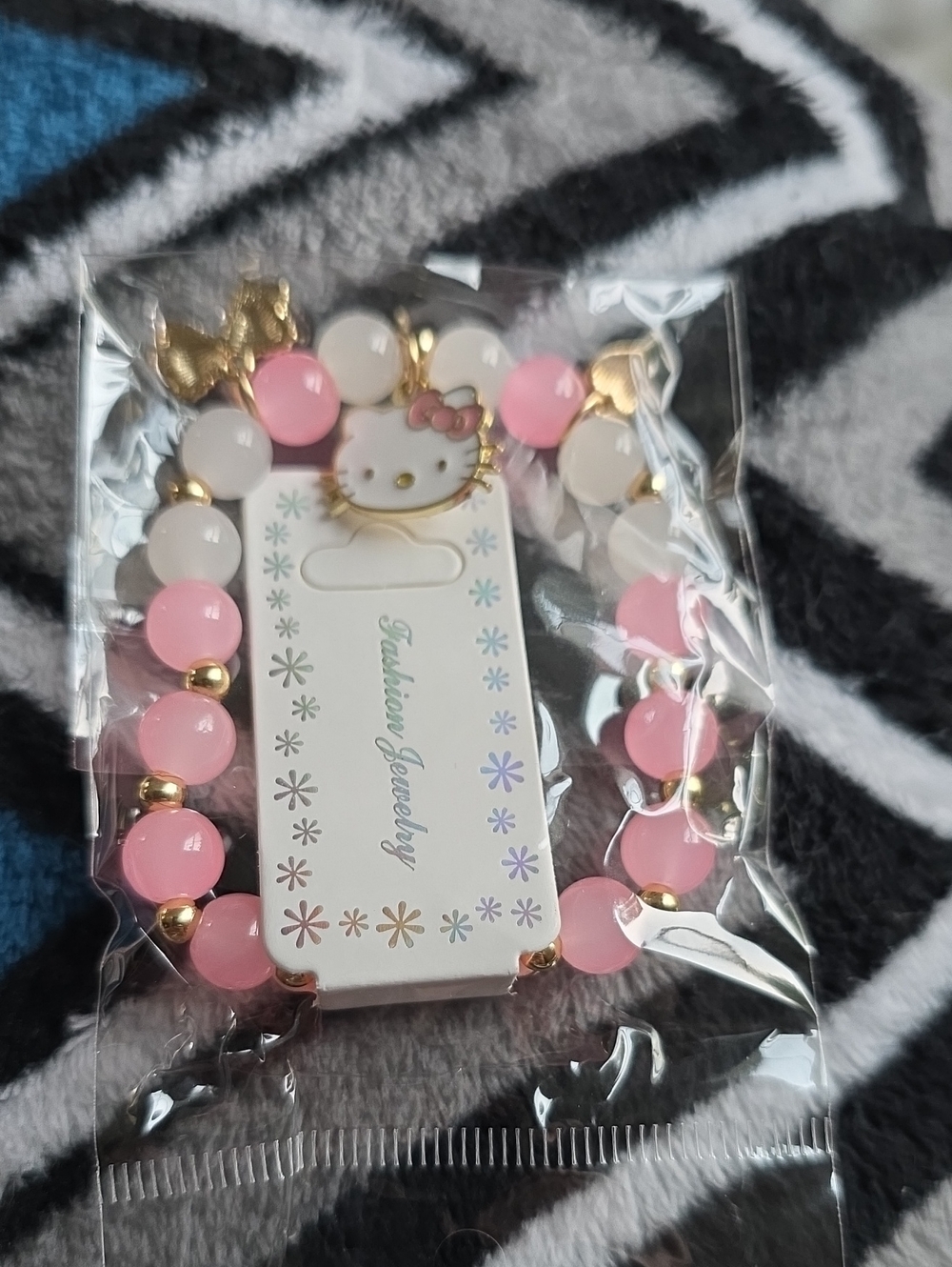 Hello Kitty Pink White Beaded Bracelet with Gold Charms